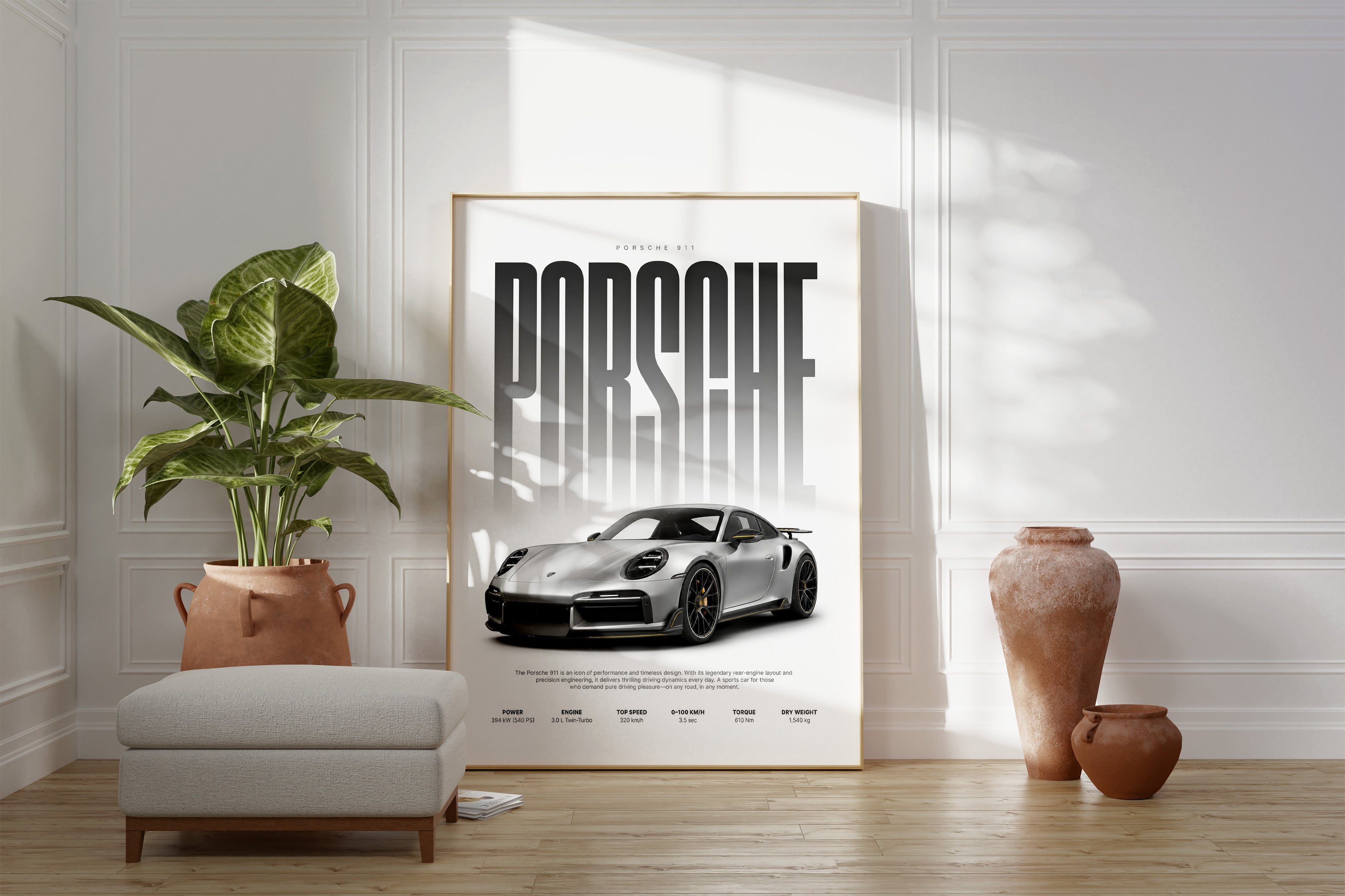 Silberner Sportwagen Poster · Geschenkidee · Luxus Coupé Wandbild · Deko Print ohne Rahmen
