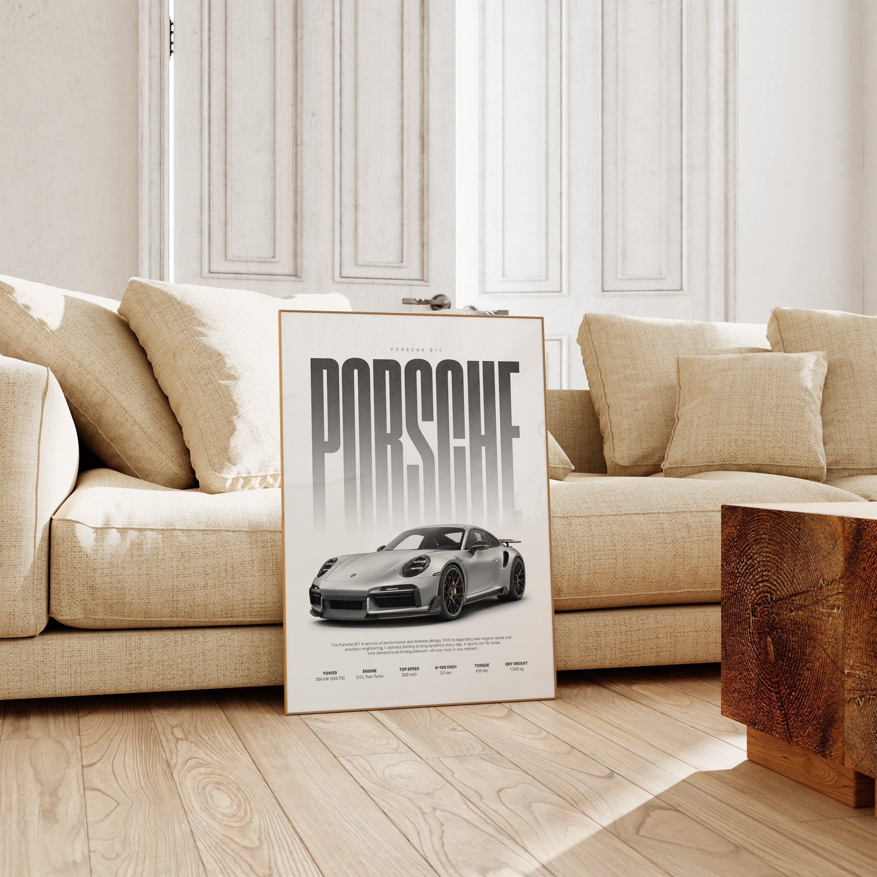 Silberner Sportwagen Poster · Geschenkidee · Luxus Coupé Wandbild · Deko Print ohne Rahmen